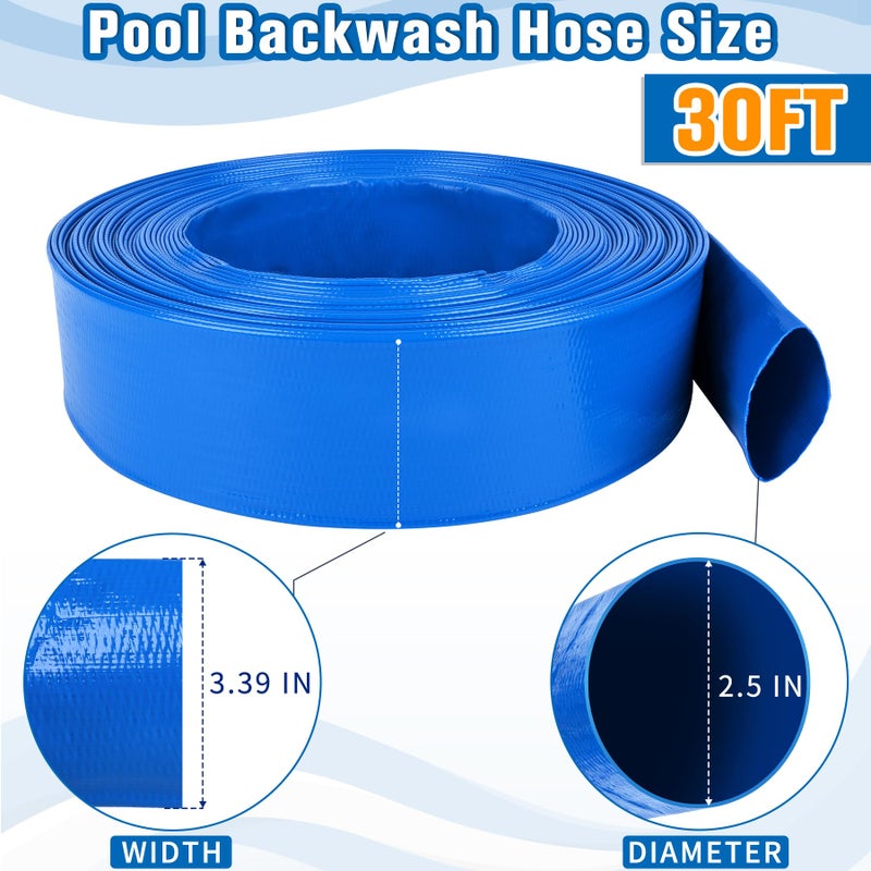 MYFAMIREA 2.5 IN x 30 FT Pool Backwash Hose Heavy Duty Drain Discharge Double PVC Layflat Hose with 2 Clamps, Weatherproof Burst Resistant for Water Transfer, Sump Pump, Pool Filter, Drain (9.2M,Blue) - Image 2
